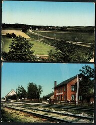 RAADE Stasjon og Meieri. To fargekort med lakkert frontside (J..H.K. ...