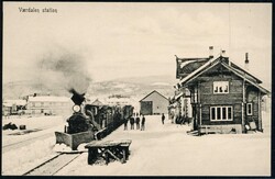 VÆRDALEN station. Vintermotiv med togsett med plog (W.Eriksens ...