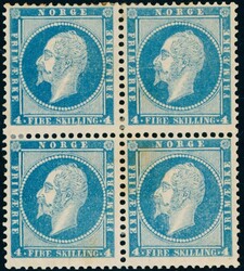 4b. 4 skill Oscar 1860 i 4-blokk med hengslerester på alle 4 merkene ...