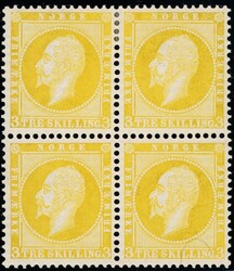 3. Vakker fireblokk i gul farge av Nymanns prøvetrykk til 3 skilling ...