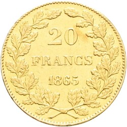 BELGIA. Leopold I. 20 francs 1865. 6,45 gram .900 gull. Kvalitet ...