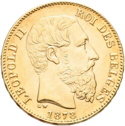 BELGIA. Leopold II. 20 francs 1877, kvalitet 01, 6,45 gram .900 gull. ...