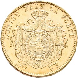 BELGIA. Leopold II. 20 francs 1877, kvalitet 01, 6,45 gram .900 gull. ...