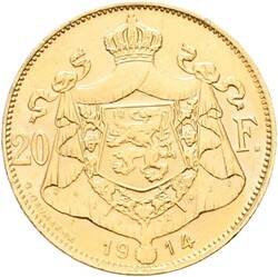 BELGIA. Albert I. 20 francs 1914 "fransk tekst", Brussel, kvalitet 01 ...