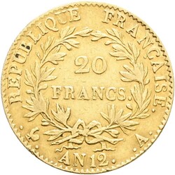 FRANKRIKE. Napoleon I. 20 francs år 12 A (1803), Paris, kvalitet 1+, ...