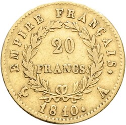 FRANKRIKE. Napoleon I. 20 francs 1810 A, Paris, kvalitet 1, 6,45 gram ...