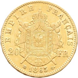 FRANKRIKE. Napoleon III. 20 francs 1865 BB, Strasbourg, kvalitet ...