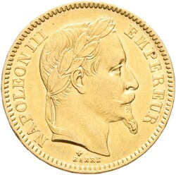 FRANKRIKE. Napoleon III. 20 francs 1865 BB, Strasbourg, kvalitet ...