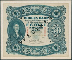 50 kr 1945 D.1506156. Sort overtrykk SPECIMEN og makulert med 4 hull. ...