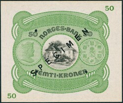 50 kr 1945 D.1506156. Sort overtrykk SPECIMEN og makulert med 4 hull. ...