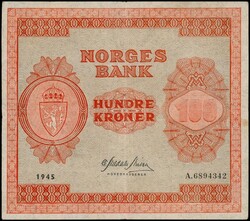 100 kr 1945 A.6894342. Kvalitet 1, flekk advers høyre kant. NP 43A. ...
