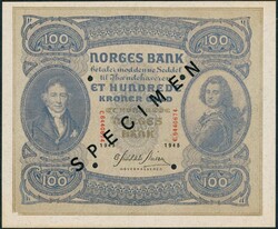 100 kr 1945 C.6440674. Sort overtrykk SPECIMEN og makulert med 4 hull ...