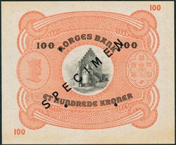 100 kr 1945 C.6440674. Sort overtrykk SPECIMEN og makulert med 4 hull ...
