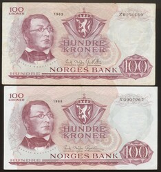 100 kr 1963 Z og 1968 X erstatningssedler/replacement notes. VK. VK
