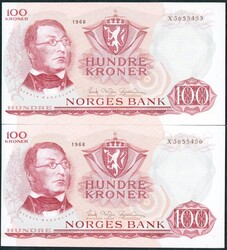 100 kr 1968 X, to stk. i rekkefølge, nr 3655455 og 3655456. Begge i ...