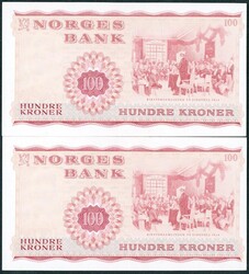 100 kr 1968 X, to stk. i rekkefølge, nr 3655455 og 3655456. Begge i ...