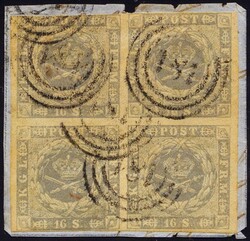 6. 16 skilling punktert - fireblokk stemplet nummer "181" ...