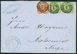 7 og 8. Sjælden forsendelse med 1x4 sk og 2x8 sk 1858 annulleret med ...