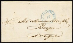 Blå "Dampsk:Post-Sped. No. 29.10.1863" på brevomslag sendt fra ...