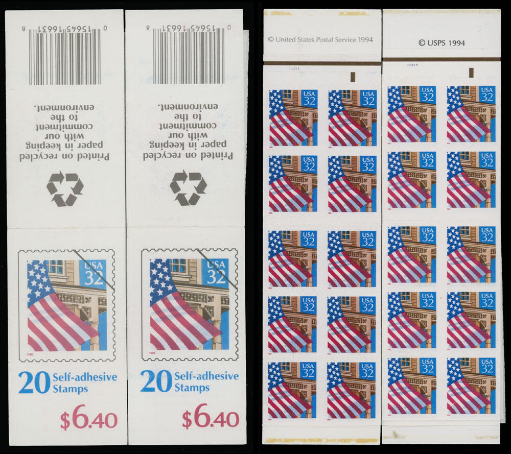 1996, Flag over Porch, two $6.40 intact booklets containing 32c ...