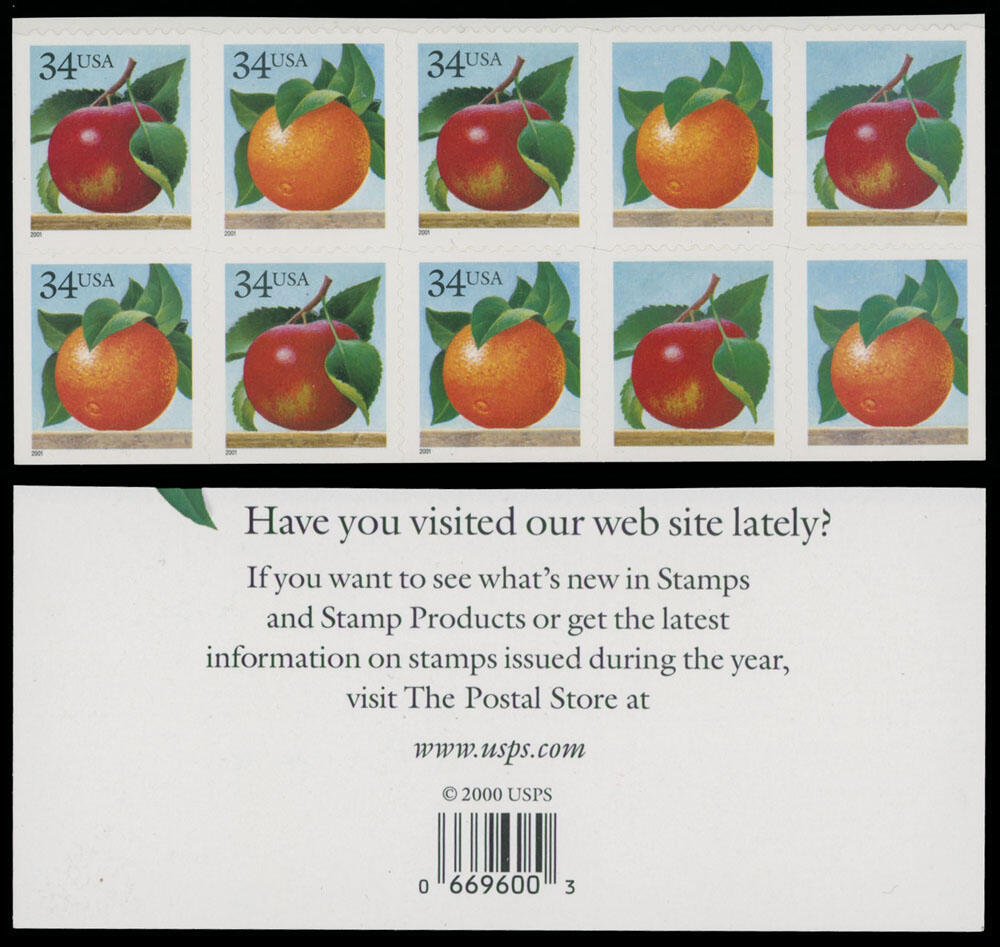 2001, Apple and Orange, 34c multi, self-adhesive stamps on booklet ...