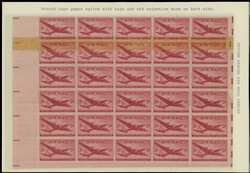1946, DC-4 Skymaster, 5c carmine, three-side margin block of 30 (5x6, ...