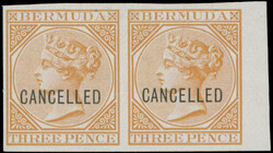 1873, Queen Victoria, imperforate proof of 3p in orange, right margin ...