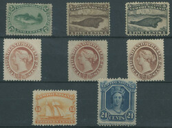 FIRST CENTS ISSUE: 1865, Codfish 2c green, Harp Seal 5c brown and 5c ...