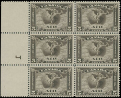 1930, Mercury, 5c olive brown, left sheet margin block of six (2x3) ...