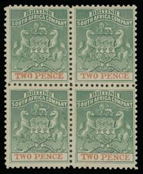 1895, Arms, 2p green and red, perforation 12½, block of four printed ...
