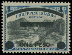1943, black surcharge 1p on Montalban Gorge 4p blue and black, very ...