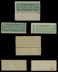 1876, three stamps of 5c, dark green, blue green and pale yellow ...