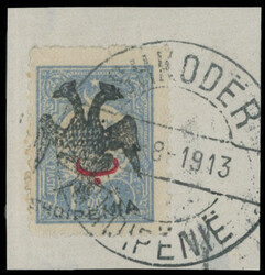 1913, handstamped double-headed eagle on 1pi blue bearing additional ...