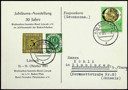 1951, 10 Pf. Posthorn und 10 Pf. NBA auf Festpostkarte von ...