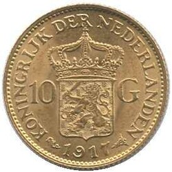 1917, 10 Gulden Gold, Wilhelmina, Erh. vz, 6,72 gr. 900er Gold