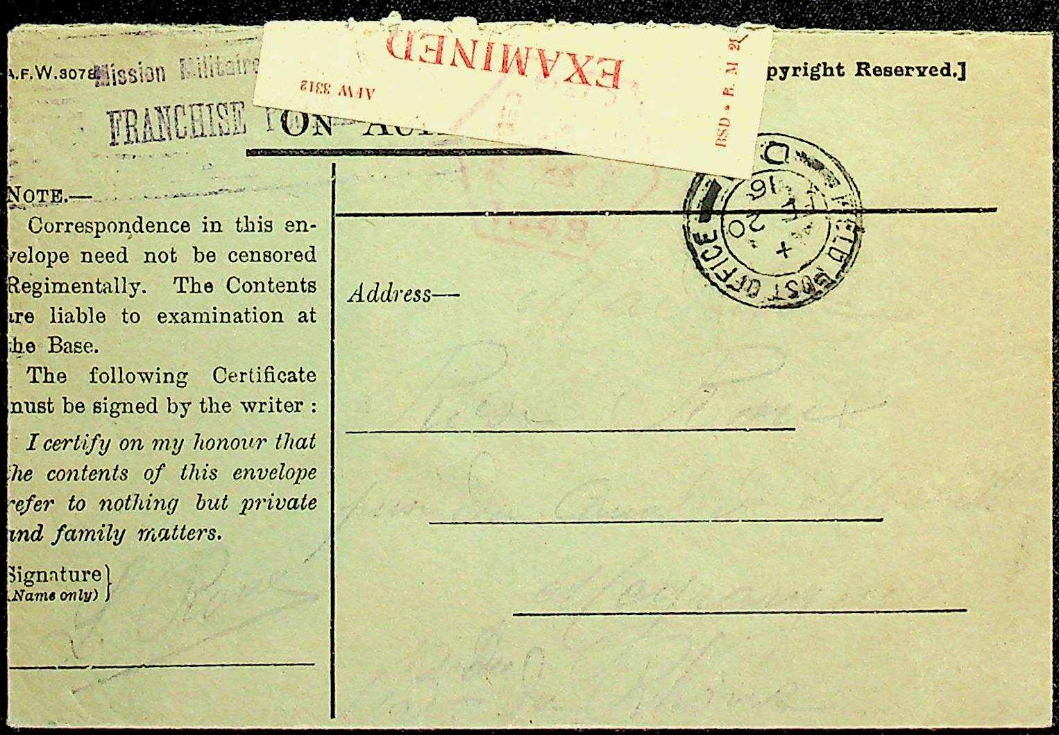 20.2.1916, ON ACTIVE SERVICE (britische Env. A.F.W.3087.) selt. ...