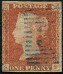 1840/4, QV 1d rotbraun (AD und SF, beide 3 margins) AD-Marke mit ...