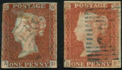 1840/4, QV 1d rotbraun (AD und SF, beide 3 margins) AD-Marke mit ...