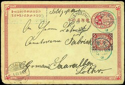 1901, 2 C. Freimarke auf 1 C. Ganzsachenkarte mit blauem Stempel ...