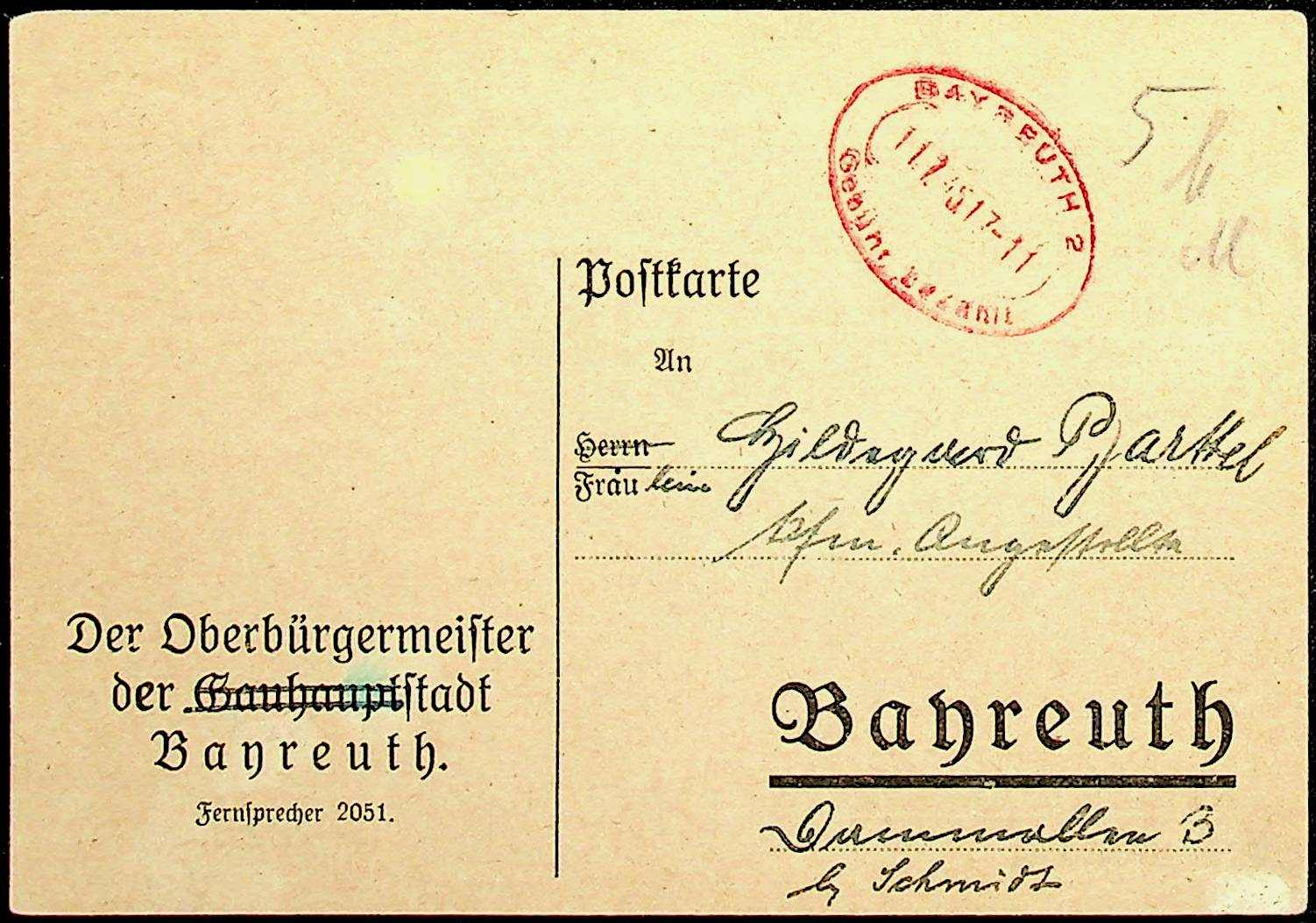 Frühe Behörden-Postkarte des Oberbürgermeisters der Stadt Bayreuth ...