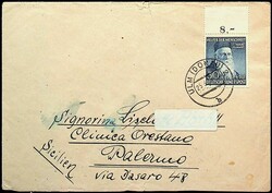 1952, 30 Pf. Wohlfahrt, Oberrandmarke auf Brief aus Ulm nach Palermo, ...