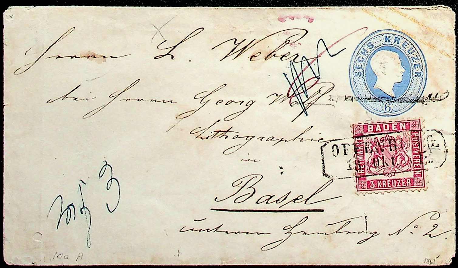 1863, GSU 6 Kr. mit 3 Kr. mit Ra.2 "Offenburg-18.10" nach "Basel-19 ...