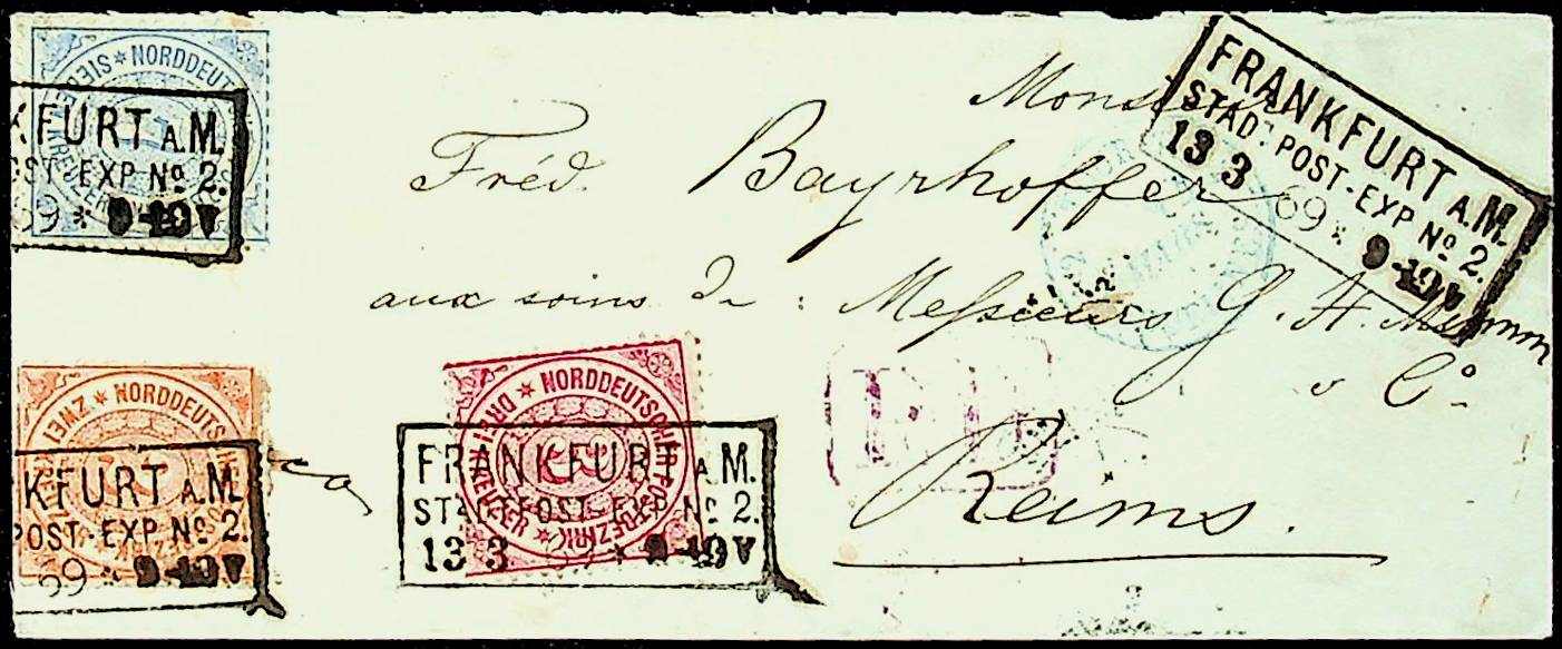 1869, 2, 3 und 7 Kr. auf Brief mit Ra.3 "Frankfurt-Stadt-Post-Exp.No ...