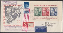 1949, Hannover Messe Block, auf FDC vom 1. Messe Flug mit ...