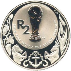 SÜDAFRIKA: 2010, 2 Rand Silber, Pokal zur Fussball WM 2010, orig ...
