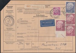1954, Auslandspaketkarte nach San Francisco, mit u.a. 3 DM Heuss ...