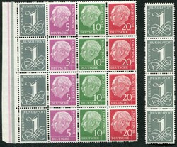 1954-58, 1, 5, 10 und 20 Pf. Heuss im ZD vom linken Rand und 1 Pf. ...