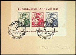 1949, Hannover Messe Block, mit Sonderstempel auf Blankoblatt, Mi.350 ...