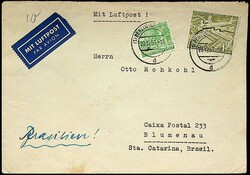 1949, 10 Pf. und 1 M. Bauten, auf Luftpostbrief aus "Berlin Neukölln ...