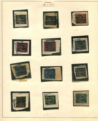 1889, sehr seltene Zusammenstellung vom 96 Marken auf Briefstücken, ...